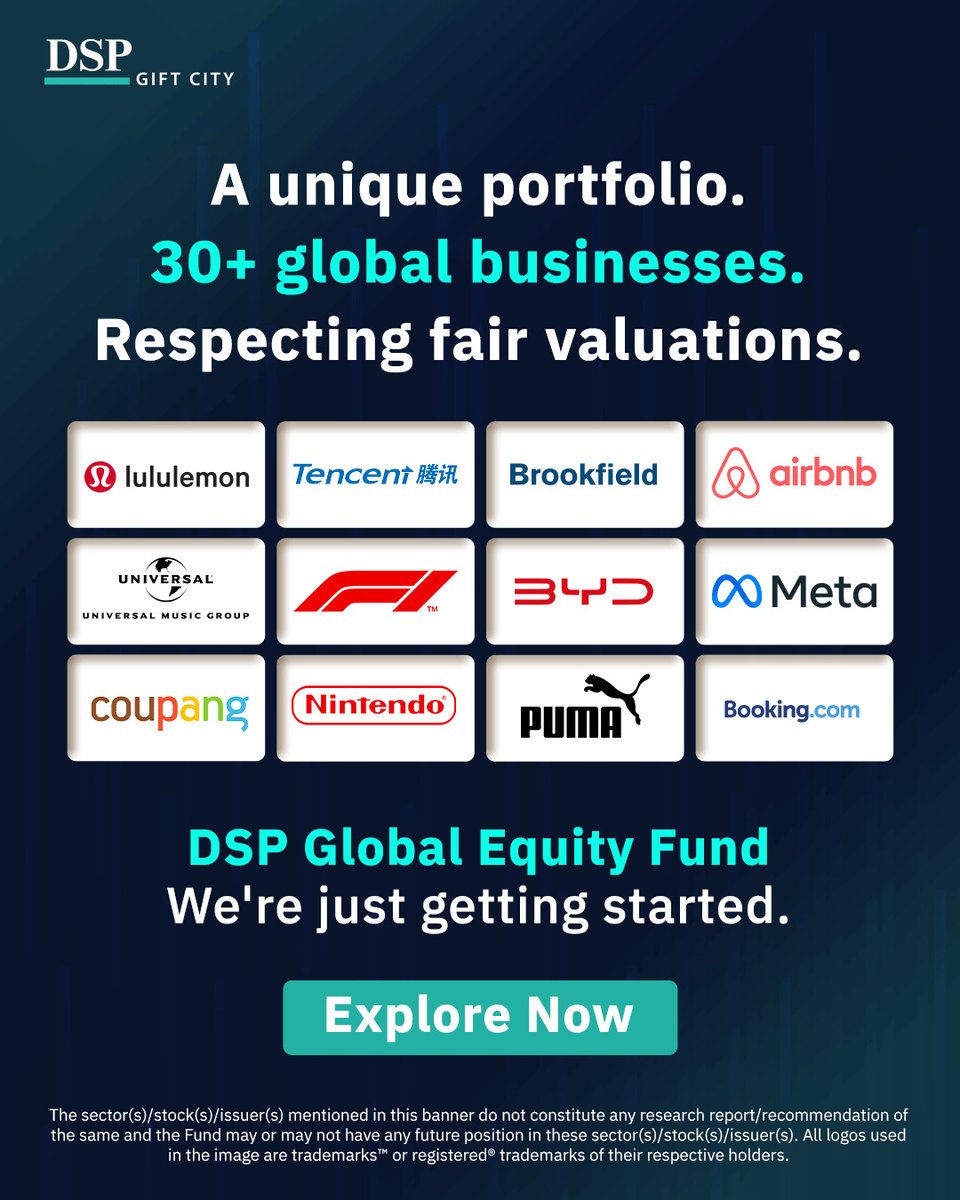 DSPGift's tweet image. Not chasing countries. Just searching for good businesses.
With the DSP Global Equity Fund, you get access to 30+ such opportunities from across the world.
A thoughtfully built portfolio that respects valuations, not borders - so you can own quality businesses, wherever they are.