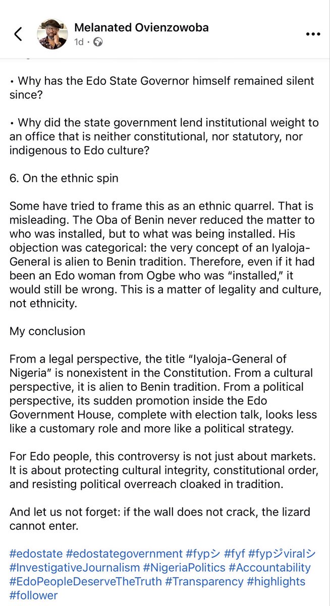 IYALOJA GENERAL IS ILLEGAL AND UNCONSTITUTIONAL

From a legal perspective, the title Iyaloja-General of Nigeria is nonexistent in the Constitution. From a cultural perspective, it is alien to Benin tradition. For Edo people, this controversy is about protecting cultural integrity