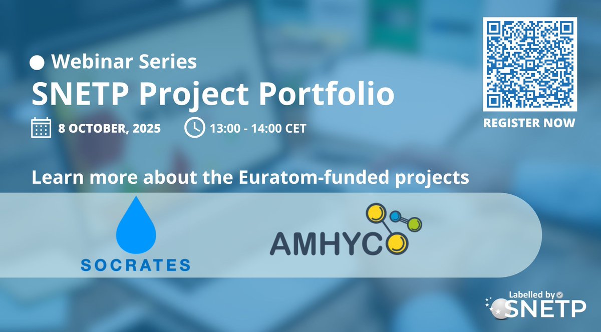 🚨Happening tomorrow!
The 8th SNETP Project Portfolio Webinar is set for 8 Oct, 13:00–14:00 CEST.
Hear from experts <a href="/VTTFinland/">VTT</a>, <a href="/La_UPM/">Universidad Politécnica de Madrid</a>, and <a href="/CIEMAT_OPI/">CIEMAT</a> on two #EURATOM projects focusing on #NuclearSafety: <a href="/SOCRATES_EU/">SOCRATES Euratom Project</a> &amp; #AMHYCO.
👉Last chance to sign up: buff.ly/ezN0j9g