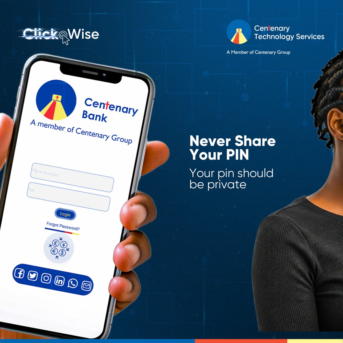 CenteTech's tweet image. 🔒 Never share your PIN.  

&quot;Your PIN is private not even your bank or service provider should ask for it.&quot;  

Protect it. Guard it. Keep it secret. 

#CybersecurityAwarenessMonth  
#DataProtection