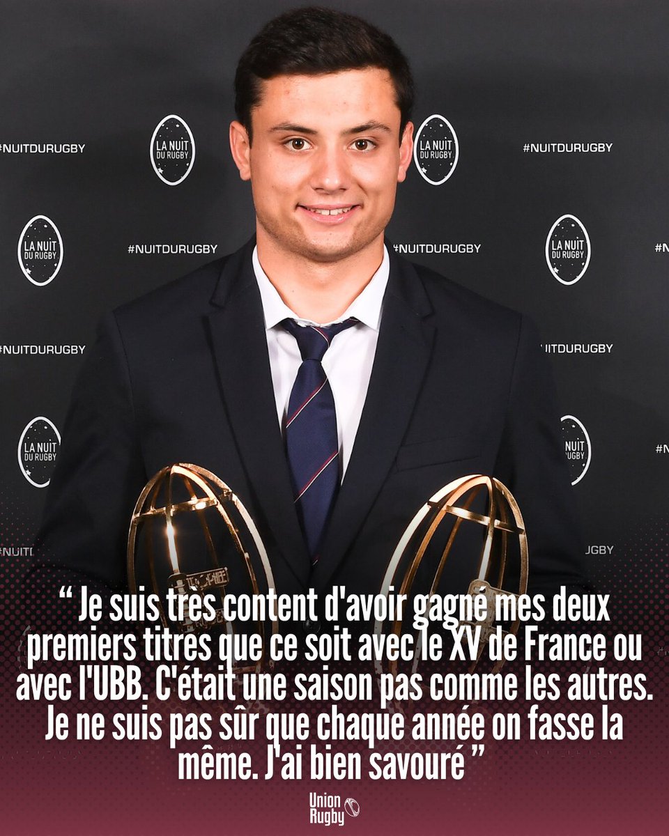 Louis Bielle-Biarrey et ses 2 trophées obtenus à la #NuitDuRugby pour sa saison 2024-2025 :
🏆 Meilleur International français
🏆 Plus bel essai

#iloveubb #XVdeFrance
