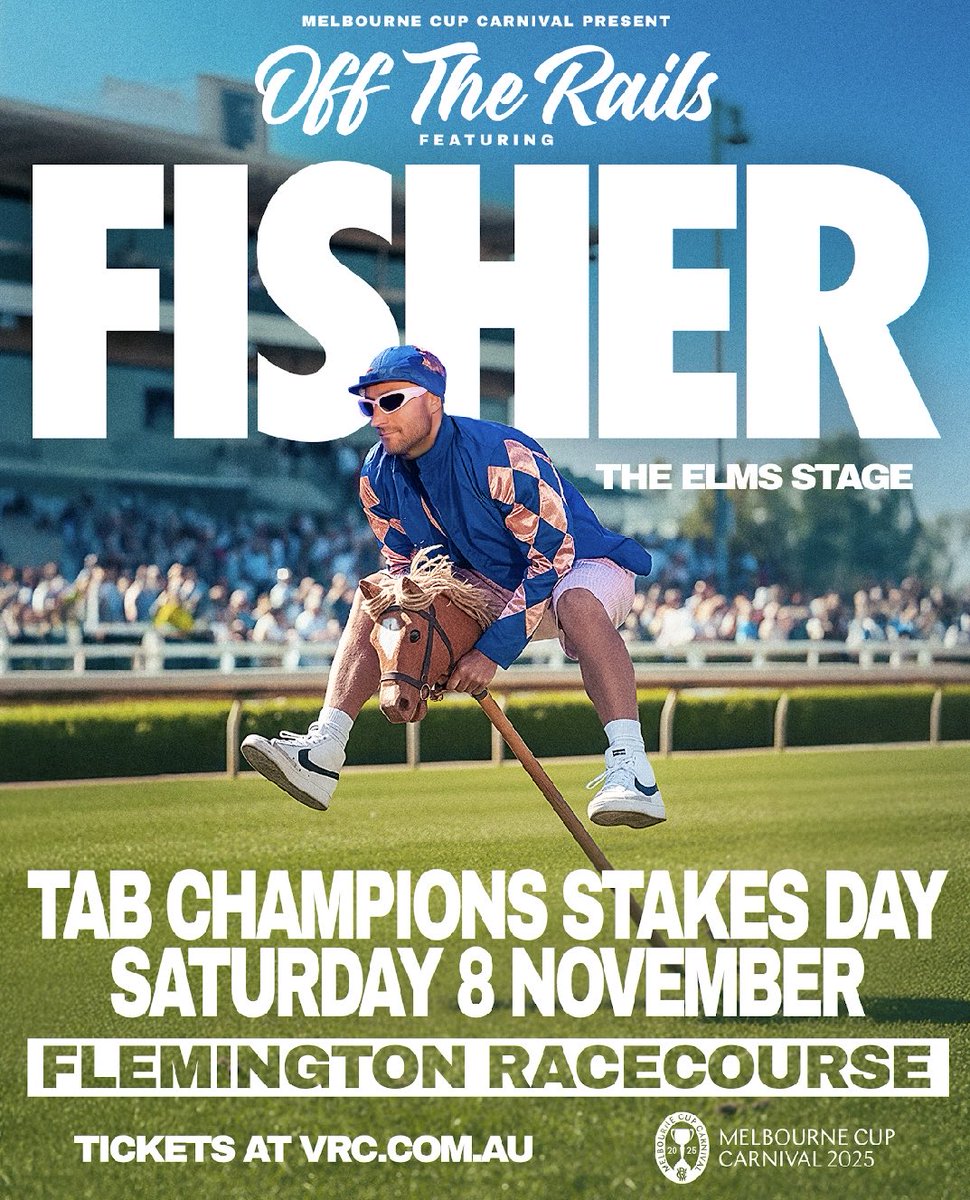 Excited to announce this!!

Can't think of a better way to close out the 2025 Melbourne Cup Carnival!

Off The Rails featuring FISHER at The Elms Stage on TAB Champions Stakes Day!

Tickets 🎟️ tinyurl.com/2zrxf766 

#MelbCupCarnival #StakesDay