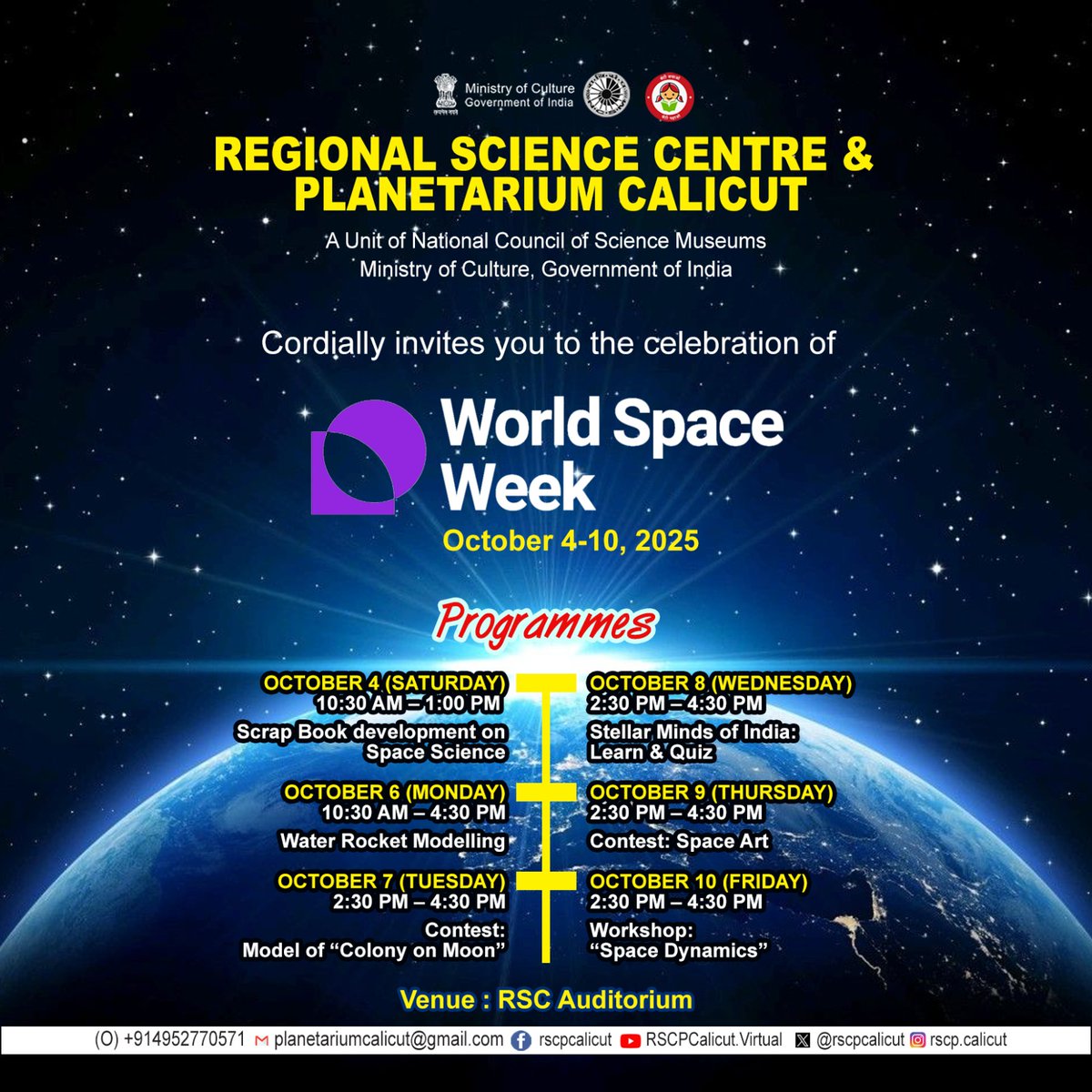 rscpcalicut's tweet image. Celebrate World Space Week at @rscpcalicut, a unit of @ncsmgoi, @MinOfCultureGoI, @mygovindia with a host of fun and interesting activities! 📷📷

#AstronomyForAll #ExploreSpace #ScienceForEveryone #skyobservation

@gssjodhpur @Rao_InderjitS @PIB_India @mygovindia