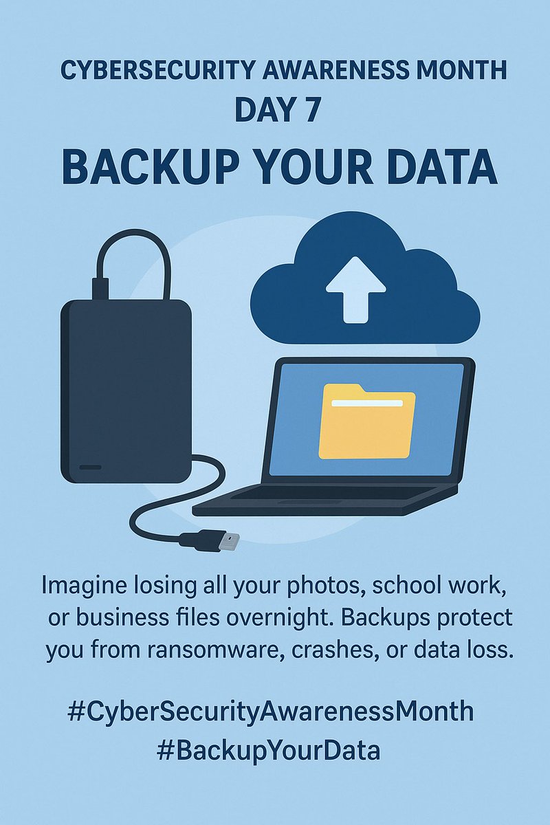 NnajiDaniel_C's tweet image. #CybersecurityAwareness - Day 7

Backup your Data. 

We all think “it won’t happen to me”… until it does.
One crash, one ransomware hit &amp;amp; everything gone.
Backups save you from ransomware, crashes, &amp;amp; heartbreak.
If you don’t back it up, you’ll wish you did.
@ireteeh @segoslavia