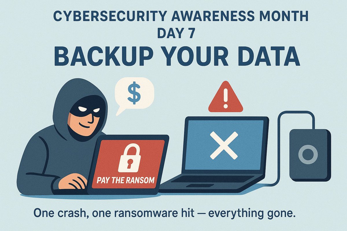 NnajiDaniel_C's tweet image. #CybersecurityAwareness - Day 7

Backup your Data. 

We all think “it won’t happen to me”… until it does.
One crash, one ransomware hit &amp;amp; everything gone.
Backups save you from ransomware, crashes, &amp;amp; heartbreak.
If you don’t back it up, you’ll wish you did.
@ireteeh @segoslavia