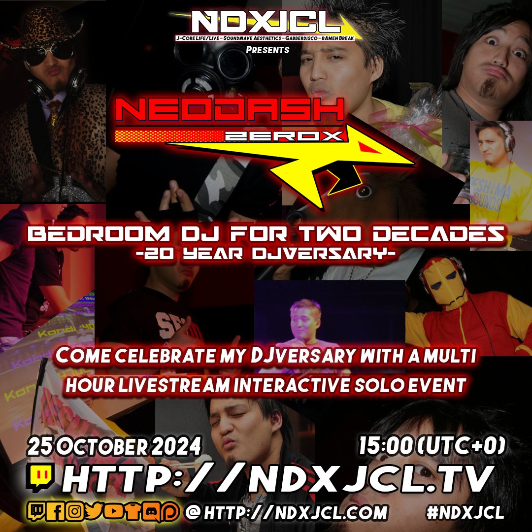 NeodashZerox's tweet image. 25 October I will be celebrating my 20 year DJversary with a multi hour solo livestream event &quot;Bedroom DJ for two decades&quot;, showcasing 20 years of Bedroom Bangers.

Hope to see you at ndxjcl.tv then!

discord.ndxjcl.com for more information and our  community