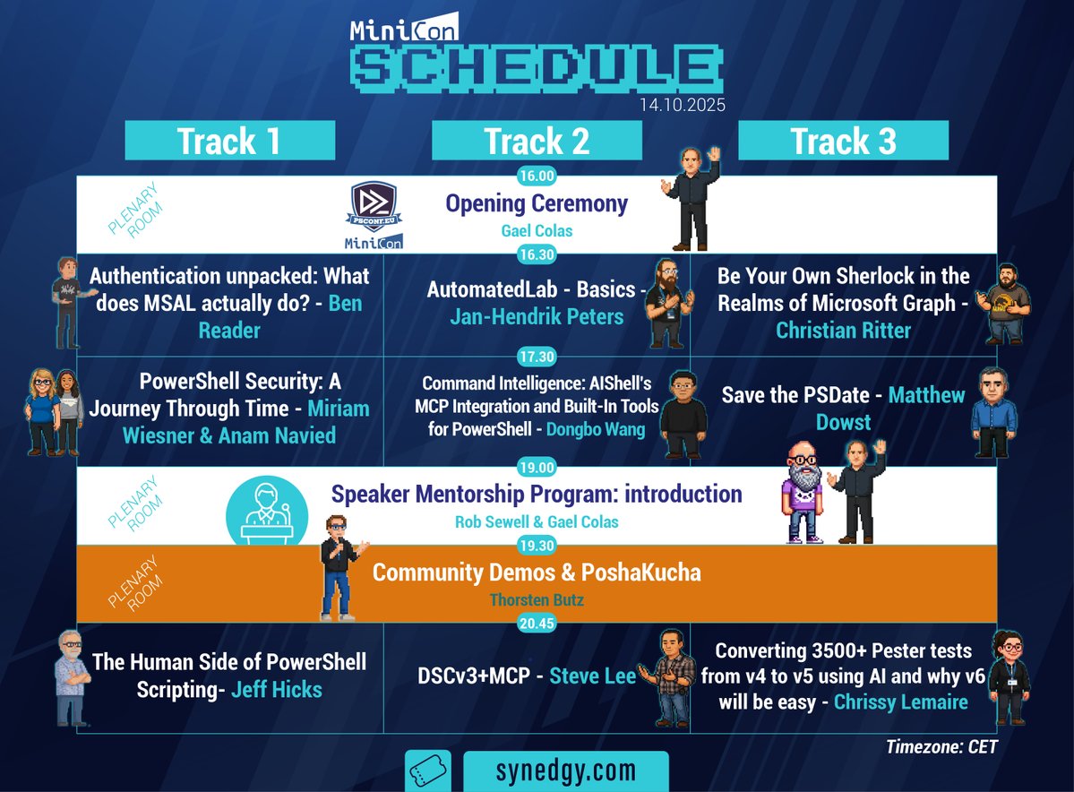 PSConfEU's tweet image. The #PSConfEU MiniCon schedule is here! 🚀
An evening of #PowerShell, #Automation, #AI, #DSC, #Testing & more.
📅 14 Oct 2025 | Online | Starting at 4pm (CET)
🎟️ Tickets: synedgy.com/psconfeu-minic…
#DevOps #Community