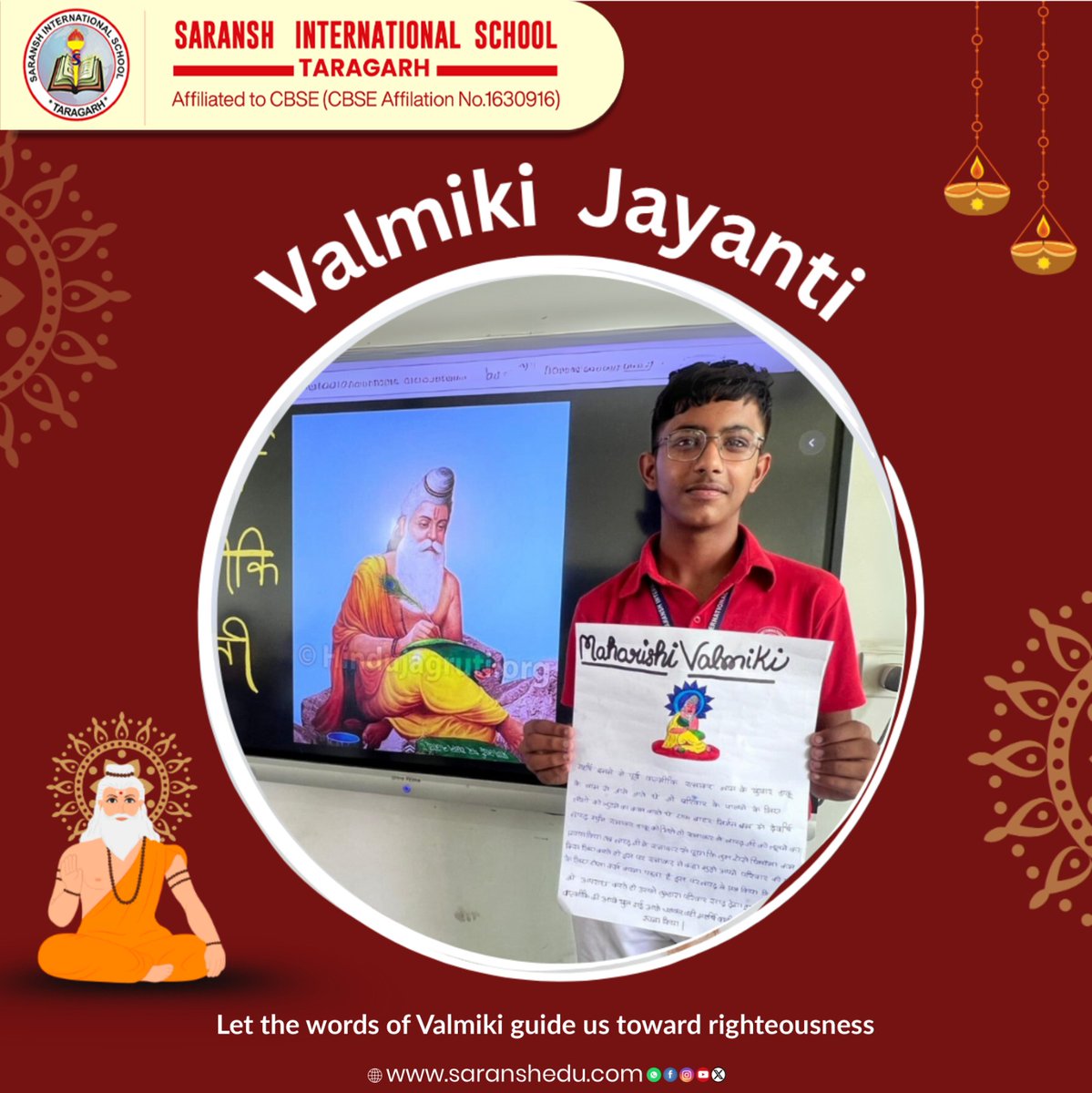 SaranshSch9719's tweet image. Honoring the wisdom of Maharishi Valmiki 🌿📖 

A day of values, devotion, and inspiration at Saransh International School. ✨

#ValmikiJayanti #LearningWithValues #CulturalCelebration