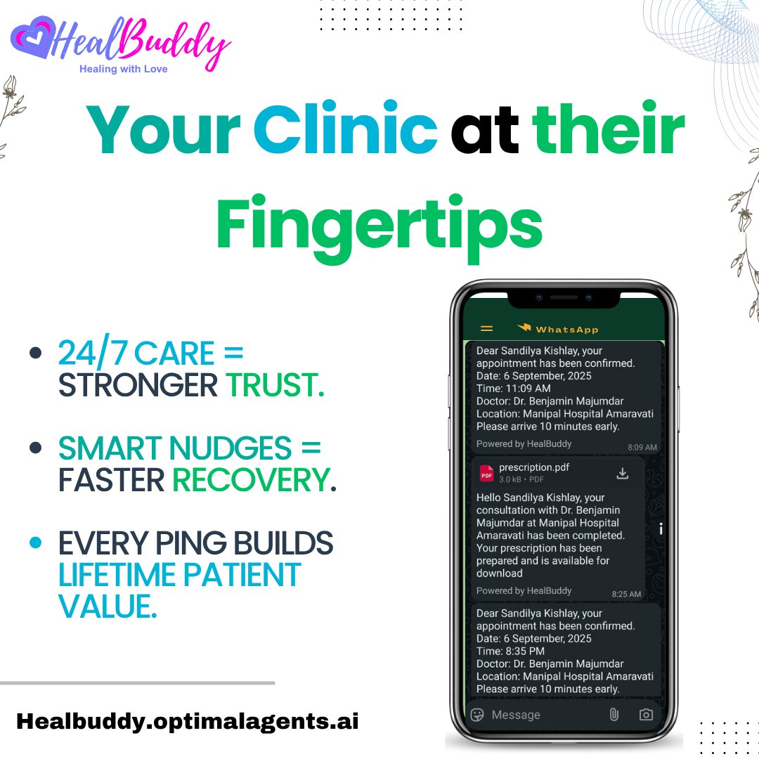OptimalAgentsAI's tweet photo. Care Beyond the Clinic

WhatsApp follow-ups, prescriptions &amp; reminders.
One tap. Your clinic in their pocket.

HealScribeAI – Every patient heard, every time.

#DigitalHealthcare  #HealScribeAI  #MedicalAI  #SmartClinic #VirtualCare #WhatsAppHealth #ClinicInPocket  #PatientFirst https://t.co/dFpTp2Gt1L