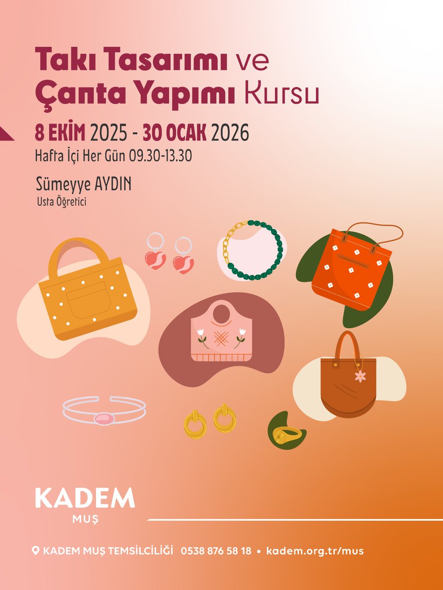 🎨✨ Takı Tasarımı ve Çanta Yapımı Kursumuz Başlıyor! ✨👜

El emeğini sanata dönüştürmek isteyen herkesi bekliyoruz.

📅 Kayıtlar Başladı!
🕘 Hafta içi her gün — Saat: 09.30 - 13.00
📍 KADEM Binası
📞 Kayıt ve bilgi için: 0538 876 58 18