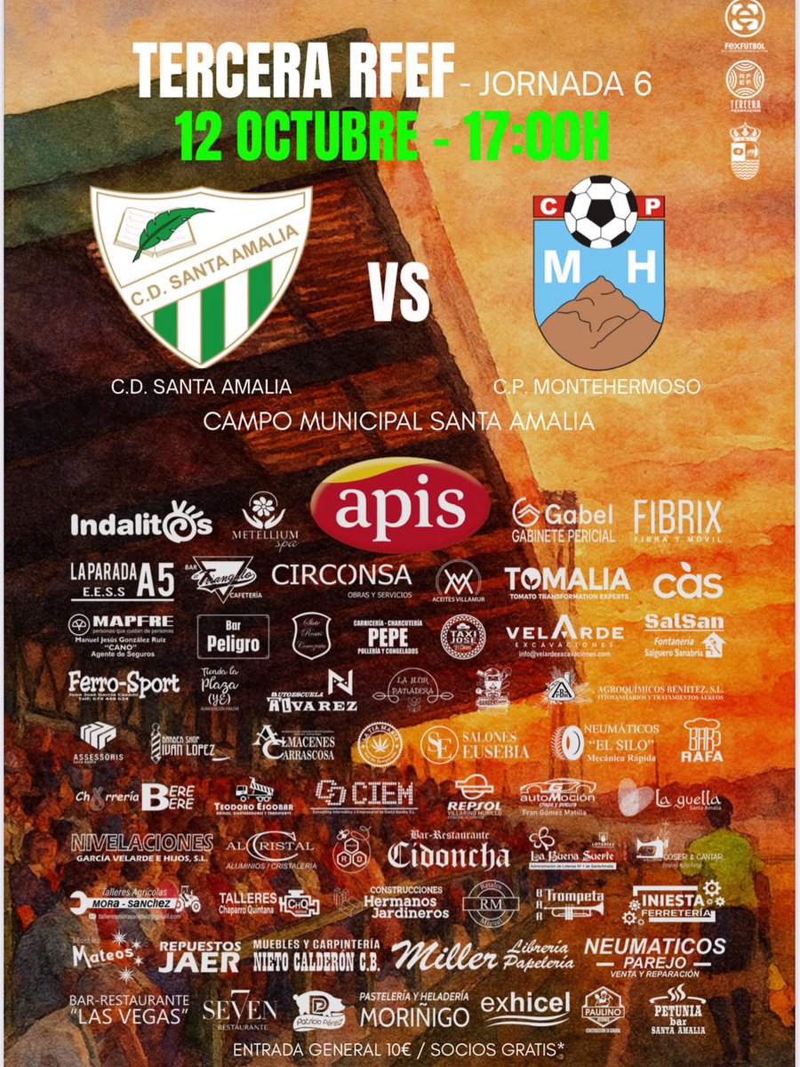 PRÓXIMO PARTIDO 

El domingo 12 de Octubre a las 17:00h vuelve el fútbol al Municipal 

En esta ocasión nos enfrentaremos al <a href="/CPMontehermoso_/">CP Montehermoso ⛰️🌞⚽</a> en la sexta jornada de liga

Ven a pasar la tarde de fiesta con nosotros 

VAMOS VERDES!!!!