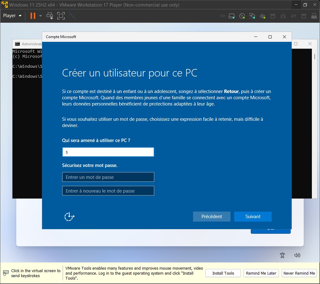 SwitchTools's tweet image. So no, you can always bypass the Microsoft account, and the same goes for TPM. I'm still using an old version of VMWare that doesn't have a ready-made option, so I had to create the LabConfig key in regedit.
Windows 11 25H2 x64 latest version
Shift + F10 : start ms-cxh:localonly