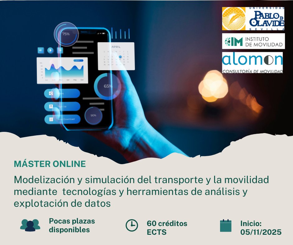 La movilidad necesita profesionales cualificados. Este máster es el camino.
Aprende a usar herramientas de análisis y explotación de datos para aplicar a la modelización y simulación del #transporte

upo.es/formacionperma…