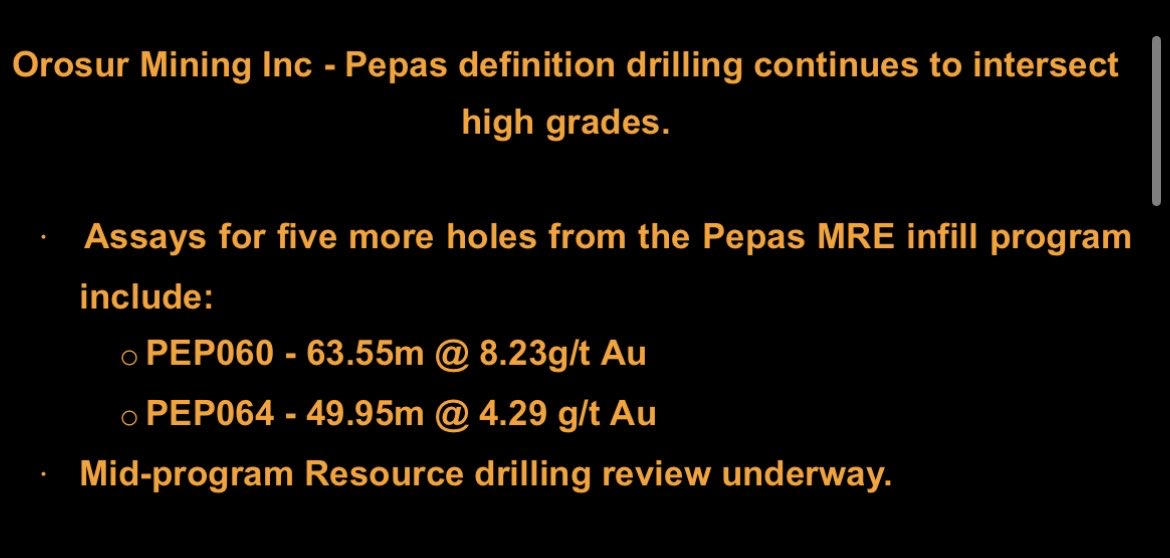 baroninvestment's tweet image. Orosur Mining - once again material to see such high grade continuation, increasing evidence of the scale of the resource at Pepas (a future cash cow). 

“Drilling is currently being undertaken at the Pepas prospect in the northern extent of the Anzá Project (pre-acquisition)…
