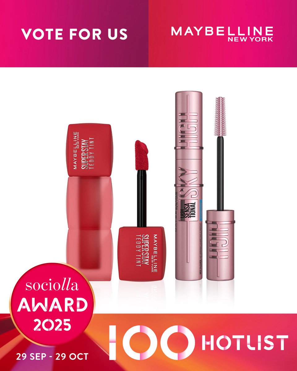 Hi, Besties!🩷
Yuk vote Maybelline di Sociolla Award 2025✨
caranya:

1. Klik link: sociolla.com/sociolla-award…
2. Daftar/Masuk akun Sociolla kamu
3. Cari produk Maybelline yang masuk nominasi, Superstay Teddy Tint &amp; Sky High Mascara
4. Klik &amp; konfirmasi untuk submit vote kalian🫶🏻