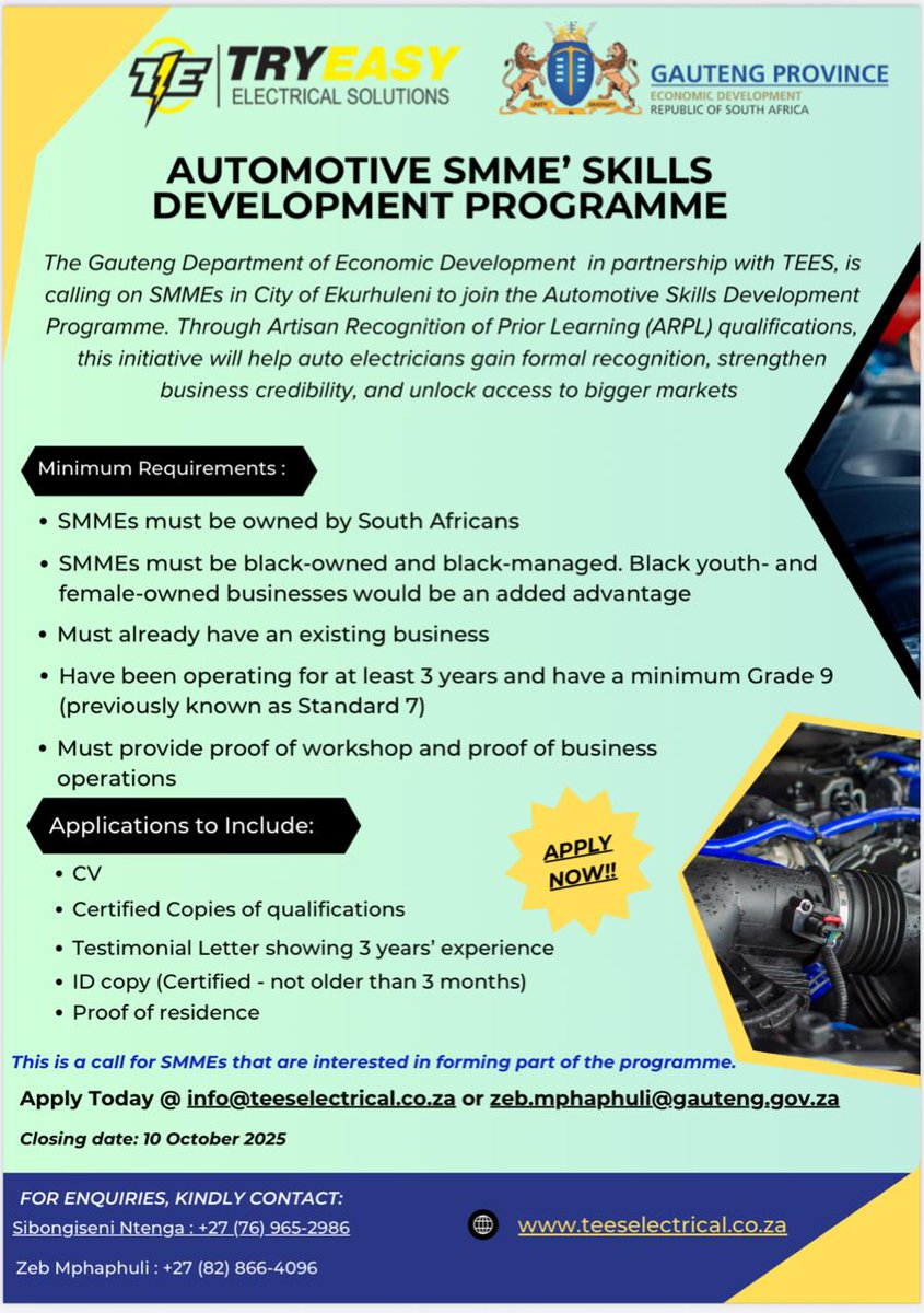 EPanelbeaters's tweet image. 🚗💡 East Rand Auto Electrical SMMEs, this one’s for you! Join the Automotive SMME Skills Development Programme &amp;amp; gain recognition, credibility + market access. Must be black-owned, 3+ yrs in biz &amp;amp; based in Ekurhuleni. Apply: info@teeselectrical.co.za

 #SMMEDevelopment
