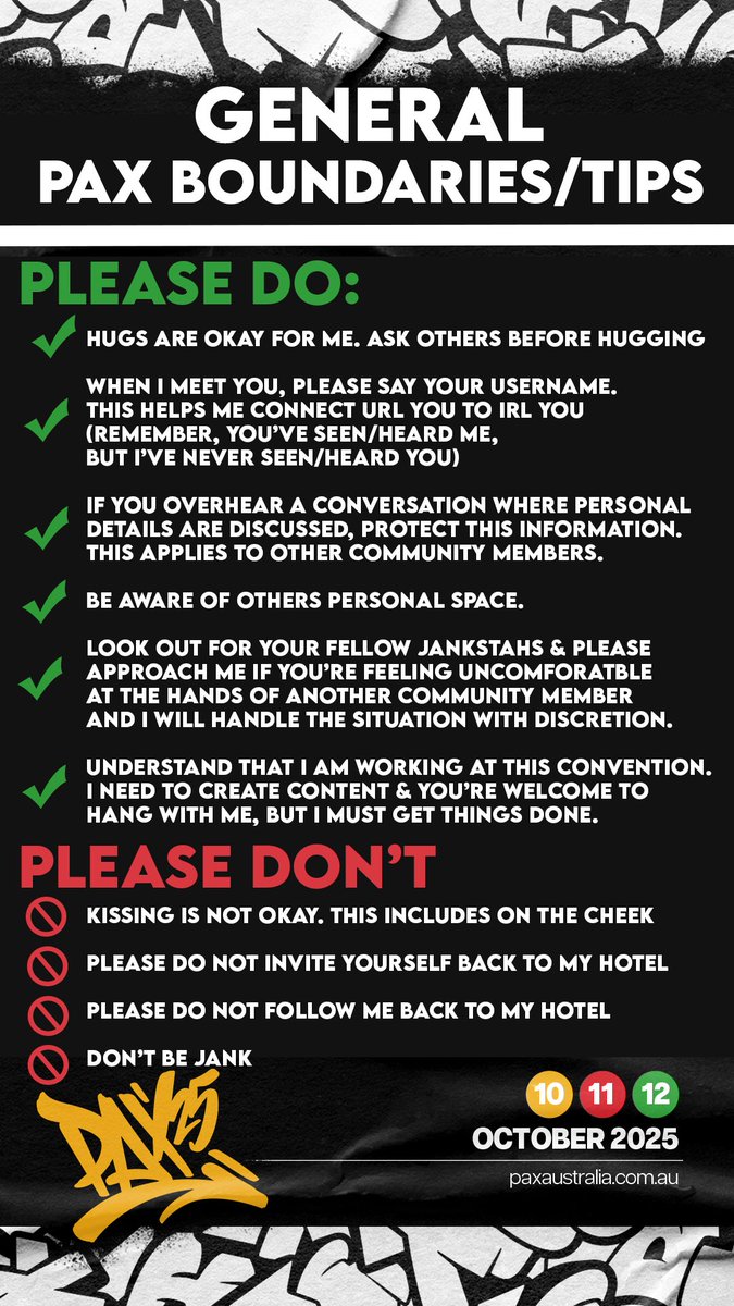 With <a href="/PAXAus/">PAX Australia</a> approaching, please know everyone is probably just as excited and equally anxious as you! 

Look out for each other and please protect yourselves. Here are a few of my boundaries and general reminders 💜

#PAXAUS