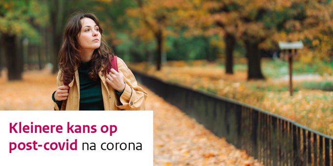 Vrouw in bos. Tekst: Kleinere kans op post-covid na corona