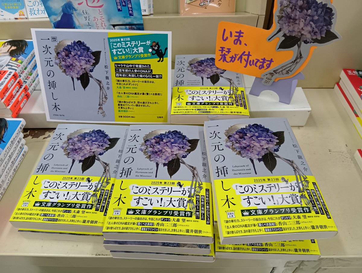 shiraishibook's tweet image. 【ゆめタウン遠賀店】
『#このミステリーがすごい！』大賞
「#一次元の挿し木」松下龍之介
文庫化され今すごく売れてます！
特典には表紙のイラストと同じ
≪骸骨と紫陽花≫のしおり付いてます！
ご来店お待ちしております😍