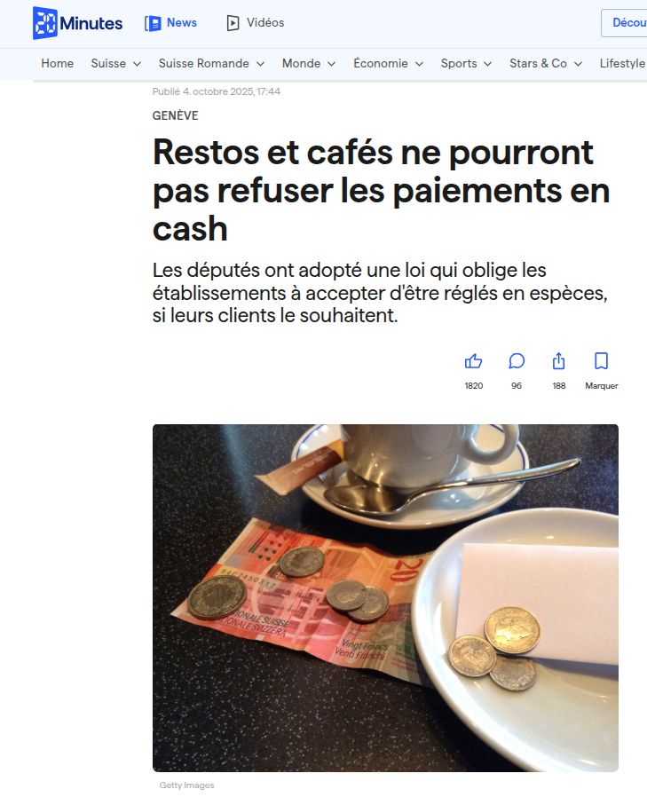 Canton de Genève: Les hôtels, les restaurants et les cafés qui refusent les paiements en cash ne pourront plus le faire. Vendredi, par 53 voix contre 35 (et une abstention), le Grand Conseil a voté une modification de la loi sur la restauration, le débit de boissons,
