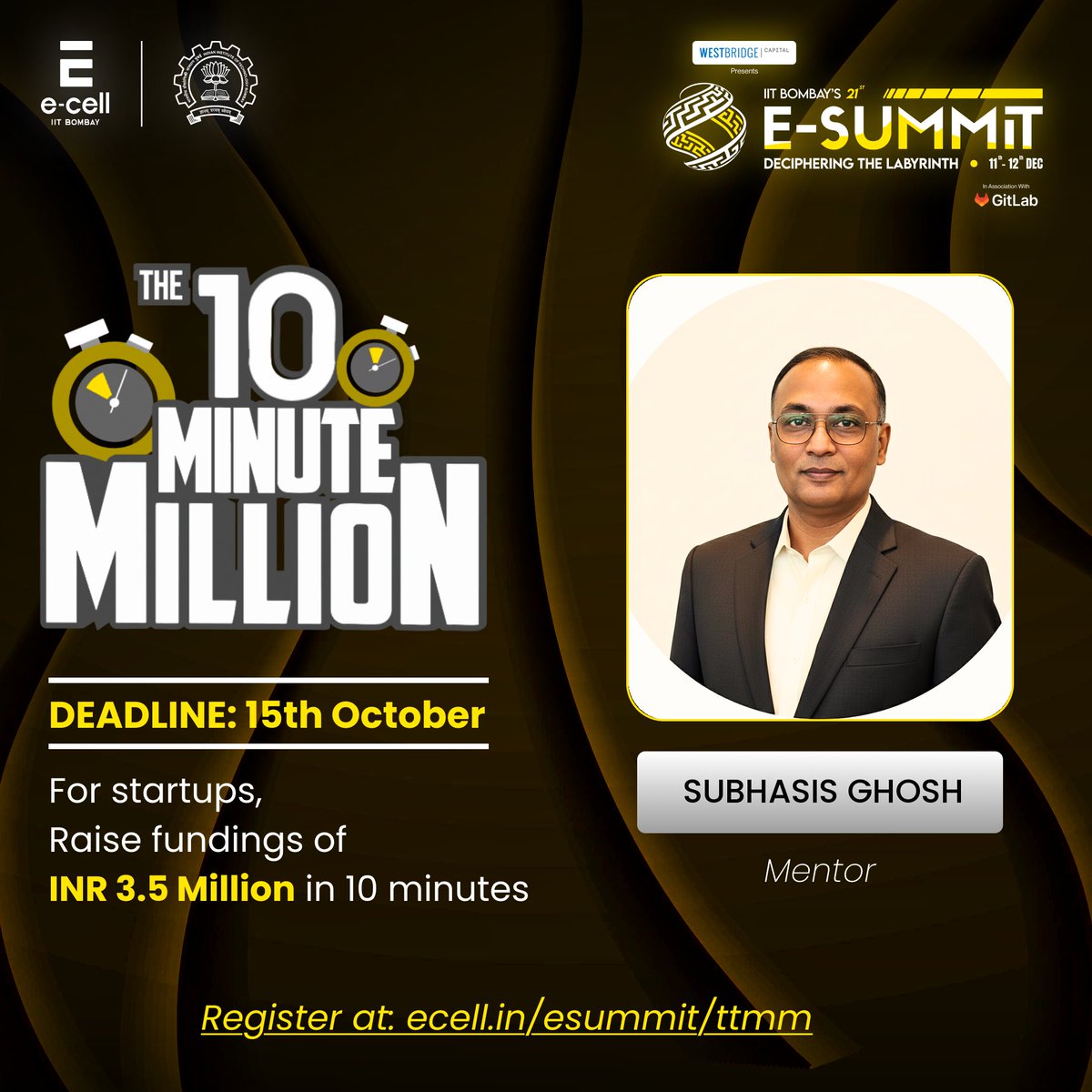 Glad to mentor at Ten Minute Million (TTMM) — India’s first on-the-spot funding event by <a href="/iitbombay/">IIT Bombay</a>.
Founders: apply by Oct 15 to pitch live for ₹3.5M funding. 🚀
 ecell.in/esummit/ttmm
#Startups #Mentorship #ESummit2025