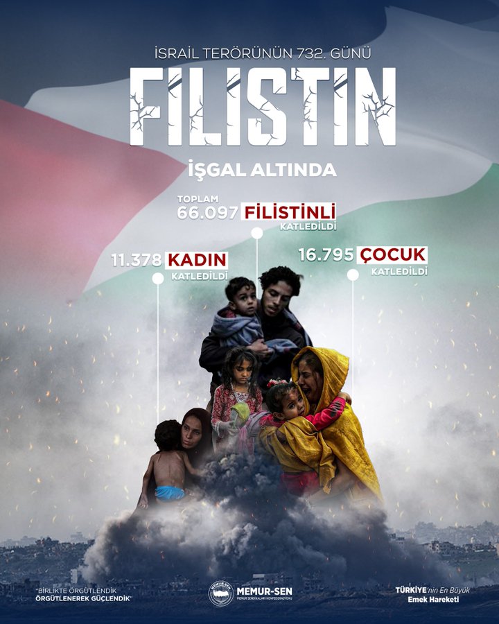 A graphic with Turkish text İsrail Terörünün 752 Günü meaning Israels Terror 752nd Day at the top. Below Filistinin İsrail Altında meaning Palestine Under Israel. A Palestinian flag in the background. An infographic timeline shows 65.09 percent Filistinli ölü meaning Palestinian dead 11.378 kadının meaning 11,378 women and 16.795 çocuğun meaning 16,795 children öldürüldüğü meaning killed. A group of distressed Palestinian families including men women and children some wearing raincoats standing amid smoke and rubble. The bottom has Memur-Sen Türkiye Memur-Sen logos.