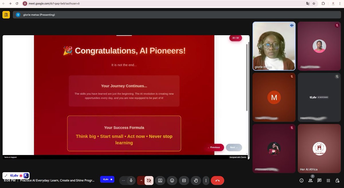 We wrapped up the 1st edition of "Practice AI Everyday" after 5 inspiring weeks exploring prompt engineering. Huge thanks to <a href="/MetsaWowo/">Glorie Metsa Wowo</a> for showing us how to leverage AI in digital entrepreneurship.
#HerAIAfrica #PracticeAIEveryday #AIForWomen