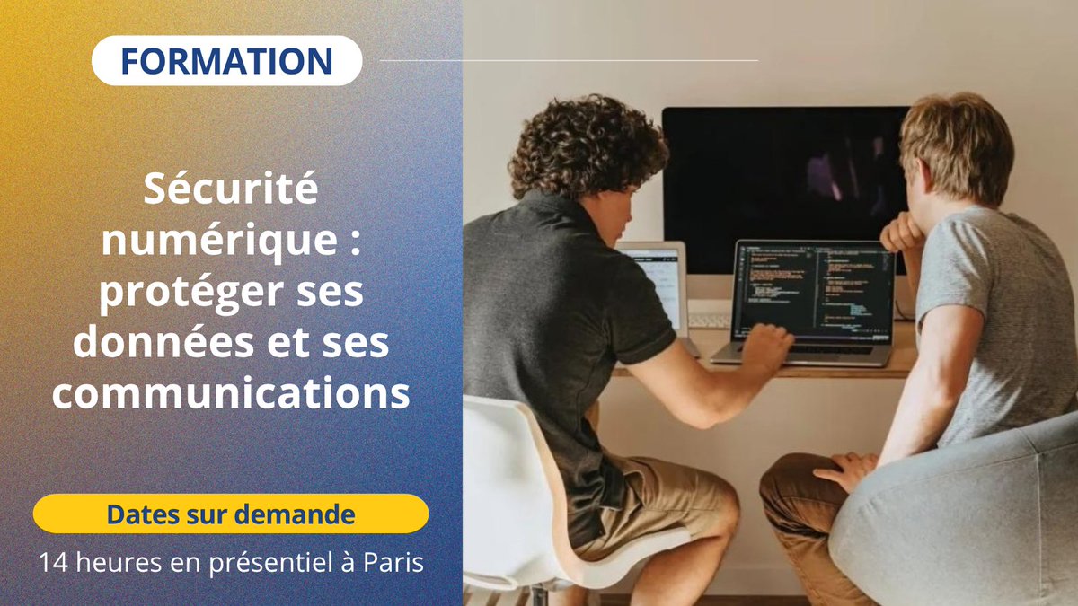 🔒 Protégez votre activité en ligne avec notre formation #SécuritéNumérique.

🗓️ Dates : sur demande
📌 Lieu : Paris

Développez des réflexes de navigation, apprenez à utiliser des outils opérationnels et protégez vos données: ow.ly/iBjW50X6HPA