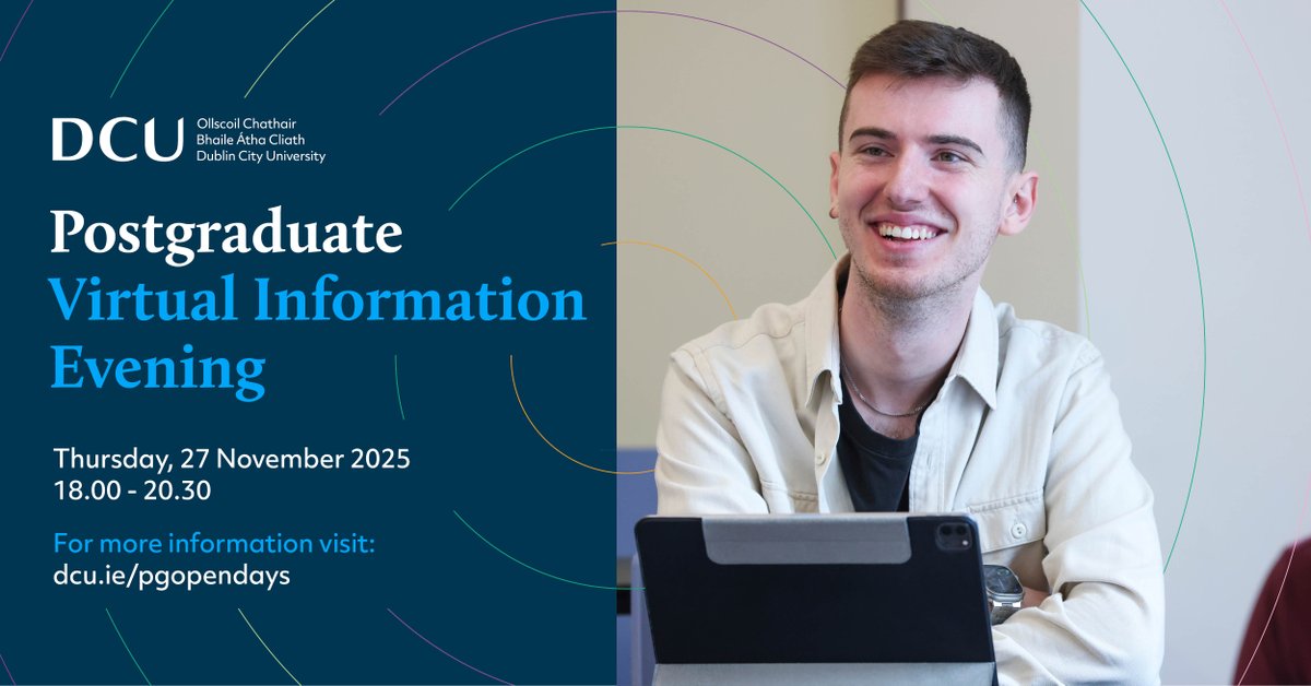 DCU's tweet image. Interested in pursuing a Master’s at DCU?
Join us for our Postgraduate Virtual Information Evening, this November to discover why you should begin your Postgraduate journey with DCU!
🗓️ 27 November 2025
⏰ 18.00 - 20.30
Register at dcu.ie/pgopendays
@TeamDCU #WeAreDCU