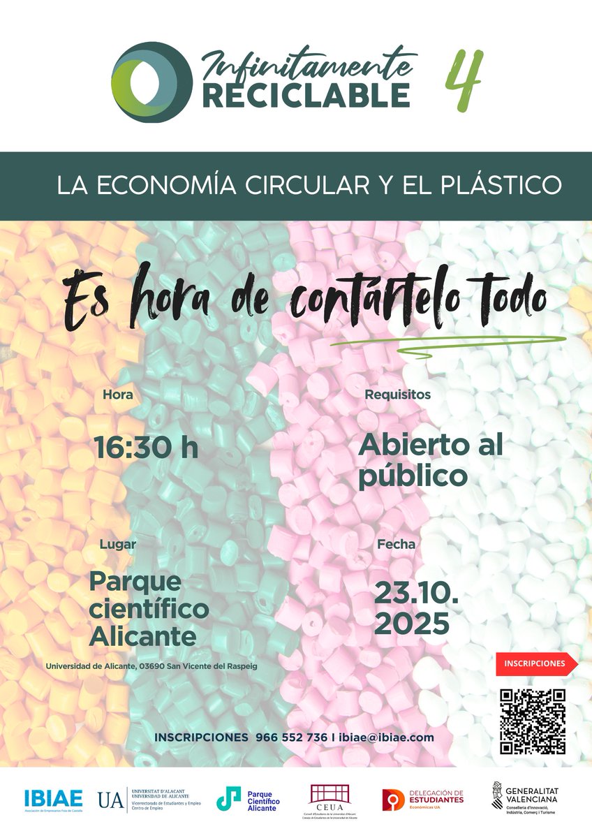 IBIAE's tweet photo. ♻️ Infinitamente Reciclable 4 llega a la @UA_Universidad para desmontar mitos sobre el plástico y mostrar el papel de la economía circular.
🔬 Andrés Fullana
📚 Deborah García Bello
ℹ️ Inscripciones: ibiae@ibiae.com I 966 552 736
#InfinitamenteReciclable #EconomíaCircular https://t.co/J6dwmYh39l