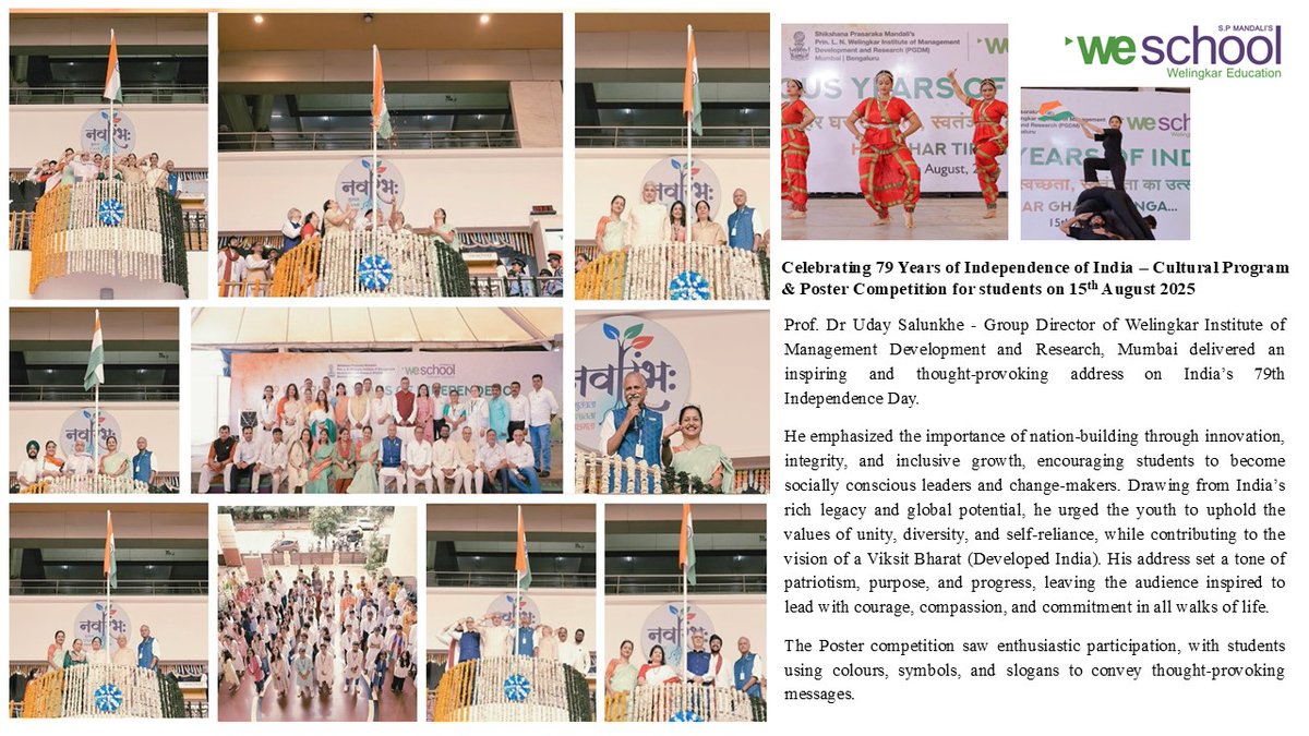 Celebrating 79 Years of Independence of India – Cultural Program &amp; Poster Competition for students on 15th August 25 at WeSchool.
The event not only celebrated artistic talent but also deepened students understanding of India's heritage and the sacrifices that led to its freedom.