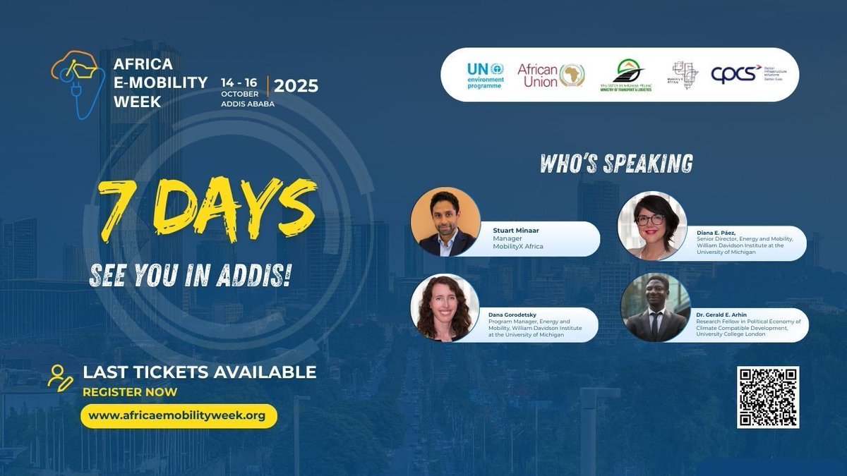 ⏳ Just 7 days to go! 🌍⚡

Get ready for #AEW2025 in Addis Ababa — Africa’s biggest EV event!

Hear from leaders including:
🔹 H.E. Bareo Hassen (Ethiopia MOTL)
🔹 Warren Ondanje (@AfEMobility)
🔹 Kaushik Burman (<a href="/Spiro/">Larry Raab</a>)
🔹 Annika Berlin (<a href="/UNEP/">UN Environment Programme</a>)

🎟️ Last tickets: