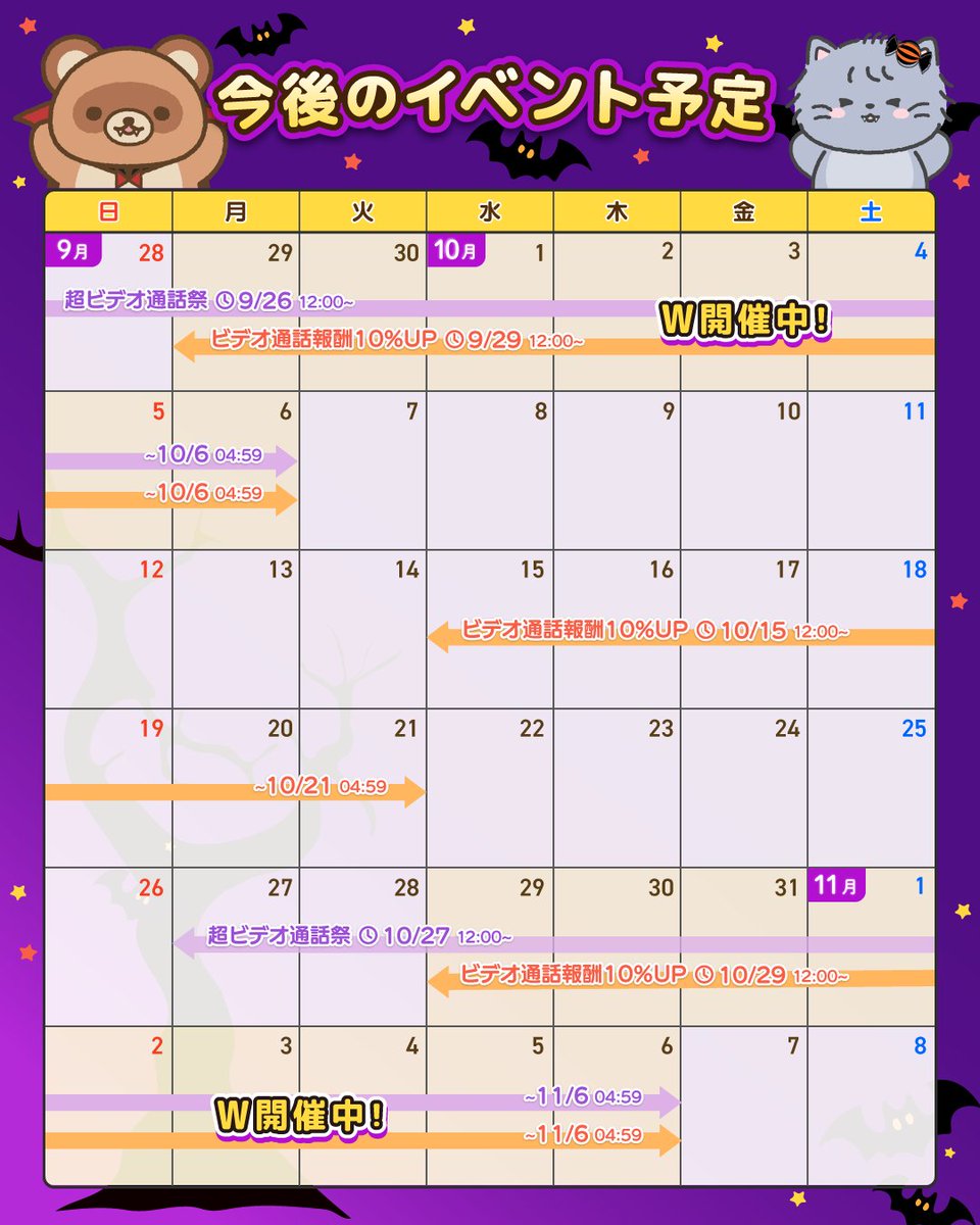 ╭━━━━━━━━━━━━━━━╮
     今月も大好評イベント開催👻💜
╰━━ｖ━━━━━━━━━━━━╯

・ ビデオ通話報酬10%UP⤴️
100pt ➜ 【110pt/1分】

・ 超ビデオ通話祭⚡️
ボーナスポイント最大【36,000pt】

月末には✨Wイベント✨も🥳🪄
今月もマカロンで稼働しよう🎶

#メルレ