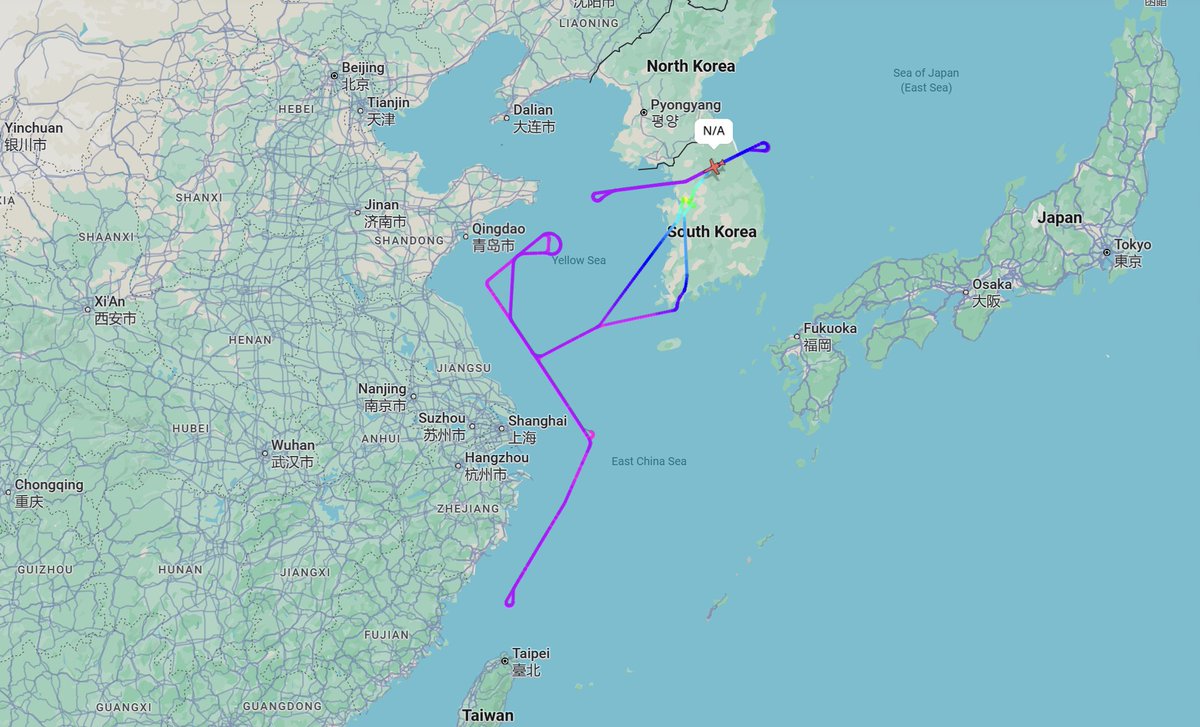 Fantastic photos and good tracking of the ATHENA jet yesterday, showing both a China and a Korea sortie at the same time.

Both patterns are regular missions for the ISR bizjet, which is a heavily modified Global 6500 flying as a demonstrator for the US Army's HADES program.