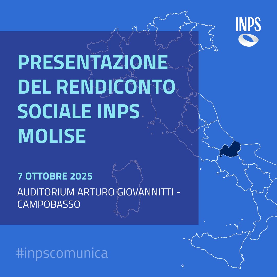 INPS_it's tweet image. 📅 Oggi, 7 ottobre dalle ore 10, presso l&apos;Auditorium Arturo Giovannitti si terrà la presentazione del Rendiconto Sociale INPS Molise.
Il programma: rb.gy/o2z99v
Inps Comunica