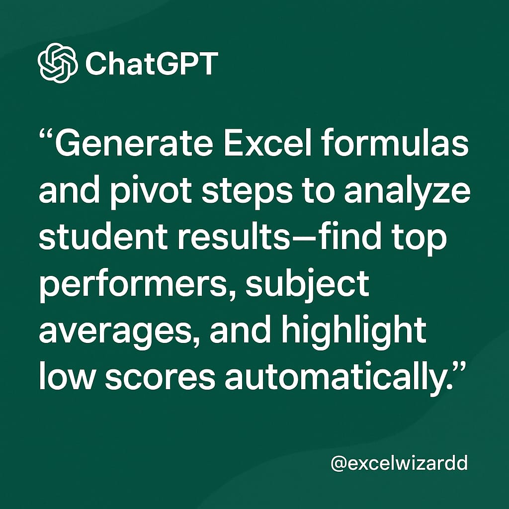 excelwizardd's tweet image. Ever wondered who the top performer in your class is? 😎

This ChatGPT prompt helps you analyze marks in Excel — find toppers, trends &amp;amp; subject strengths in seconds 👇

@excelwizardd @microsoft @microsoft365

#ExcelForStudents #CampusPlacements #CareerTips