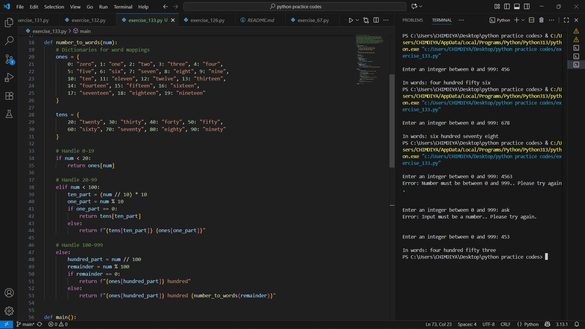 DiyaCodes's tweet image. Day 48  of #100DaysOfCode:

✅I built a program that converts any number between 0–999 into English words, like turning 142 into “one hundred forty two.

✅I created a program that counts and lists all the unique characters in any text entered by the user.