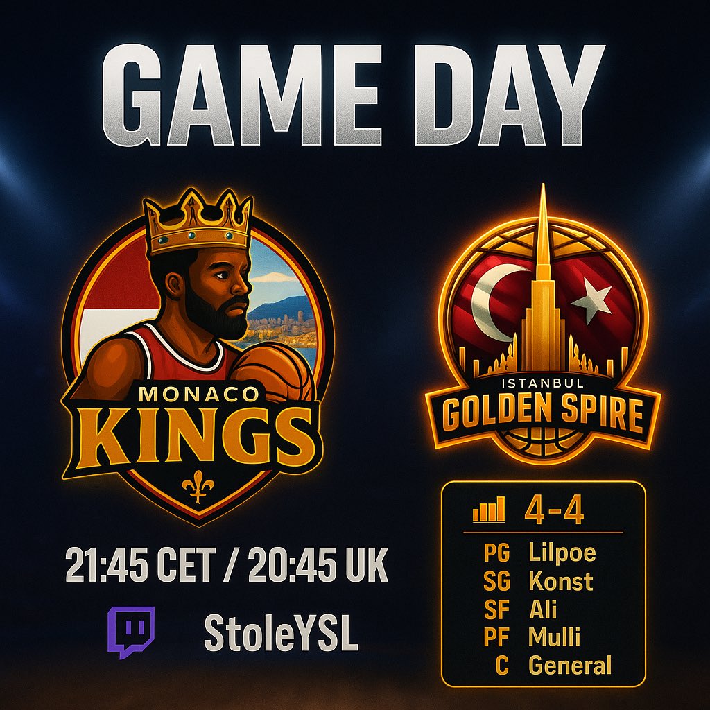 KW5Kings's tweet photo. They’ve got gold ✨
We’ve got the crown 👑
Only one shines tonight…
⏰ 21:45 CET | 20:45 UK
🎥 StoleYSL

Lineup⬇️
PG:@lilpoe_ 
SG:@KonstiNk 
SF:@AliGotRange 
PF:@mulllions 
C:@MxGeneraI 

📊 4-4
#EULeague #MonacoKings #kw5 https://t.co/dw1EozMFPR