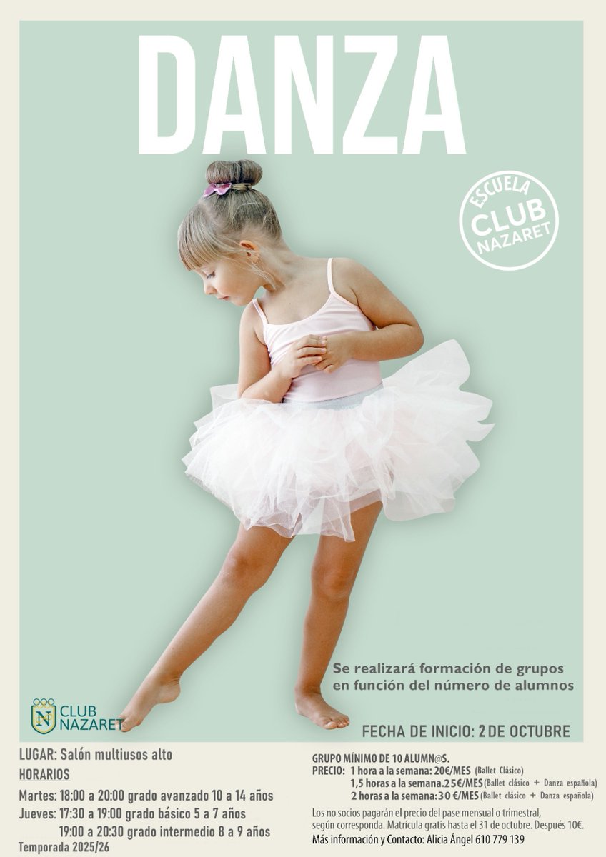 ClubNazaret's tweet photo. 🩰🎵 Si aún no conoces nuestra escuela de danza, ¡estás a tiempo de unirte a nosotros! Ofrecemos clases los martes y jueves donde podrás elegir entre diferentes niveles. Puedes sumergirte en el hermoso mundo del ballet clásico o disfrutar de la energía de la danza española. https://t.co/cNADIqZm2a