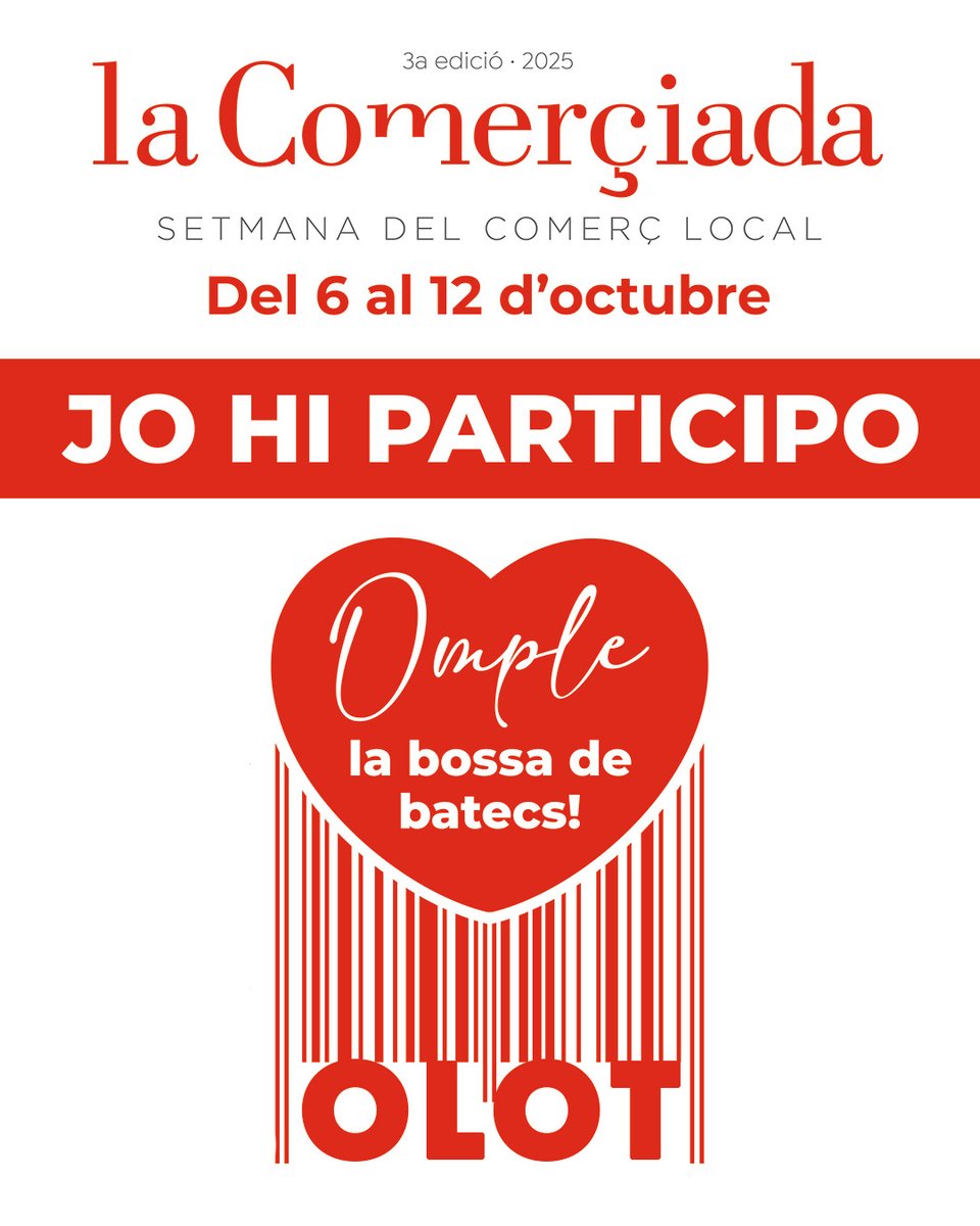 📢 #Olot se suma a la ComerÇiada 2025 amb sortejos, obsequis i tallers.

🗓️ Fins al 12 d’octubre, aprofita i suma pel comerç local!
ℹ️Tota la informació aquí: f.mtr.cool/qsrtckyrgp

#femOlot #AjuntamentOlot