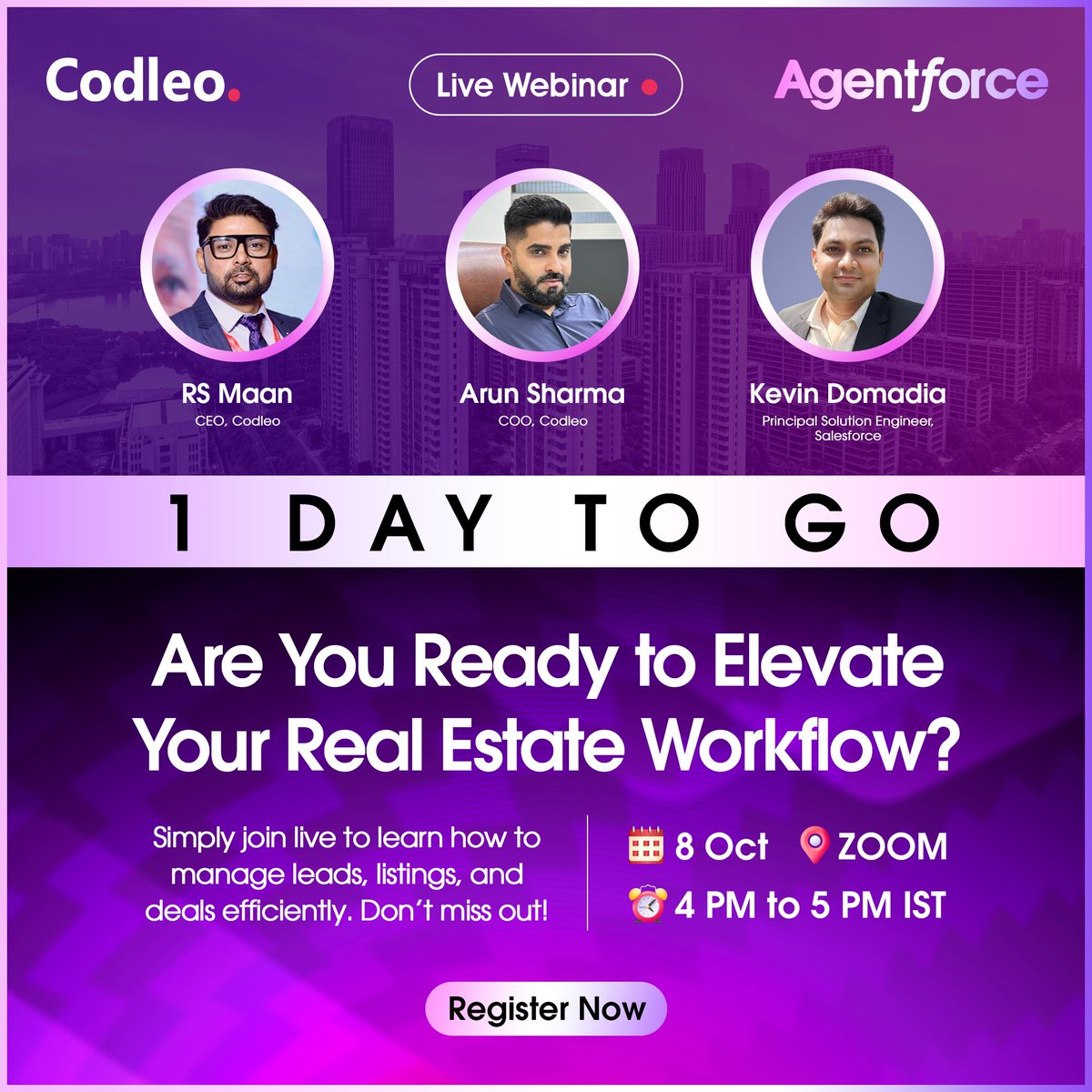 consultcodleo's tweet image. 🔗 Register now: codleo.com/AREW/
If you still haven’t registered for our Agentforce for Real Estate webinar — now’s your last chance! ⏳

Join industry experts Mr. RS Maan, Mr. Arun Sharma, and Mr. Kevin Domadia.

 #Salesforce #RealEstate #Codleo #1daytogo #webinar
