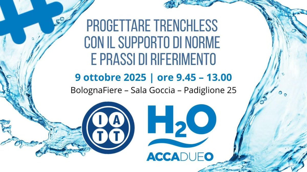 "Progettare Trenchless" ci siamo! Il convegno IATT per la fiera Accadueo è previsto il 9 ottobre a BolognaFiere. Verranno presentate norme e prassi <a href="/normeUNI/">UNI</a> in tema di localizzazione delle reti nel sottosuolo, CIPP e tecnologie "no entry man" iatt.it/2025/09/13223/