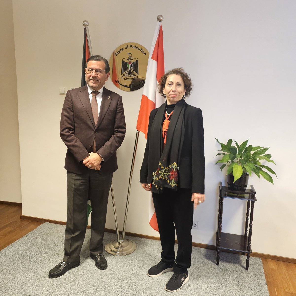 PalMisAUT's tweet photo. Amb. Abdel Shafi received yesterday, Ms. Natalie Boucly deputy commissioner general of #UNRWA who briefed the Ambassador on the latest developments reg. UNRWA's humanitarian work in #Gaza under unimaginable circumstances https://t.co/QB3BJ7dXIo