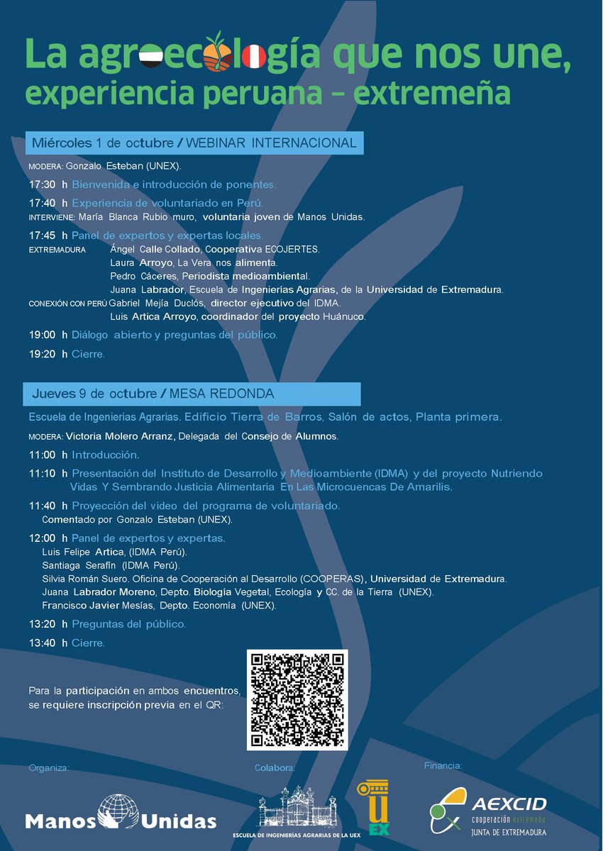 Webinar internacional (1oct 17:30-19:30) y Mesa redonda (9oct 11-14h): "La agroecología que nos une, experiencia peruana - extremeña".

Inscripciones para poder participar: docs.google.com/forms/d/e/1FAI…

Programa actualizado.