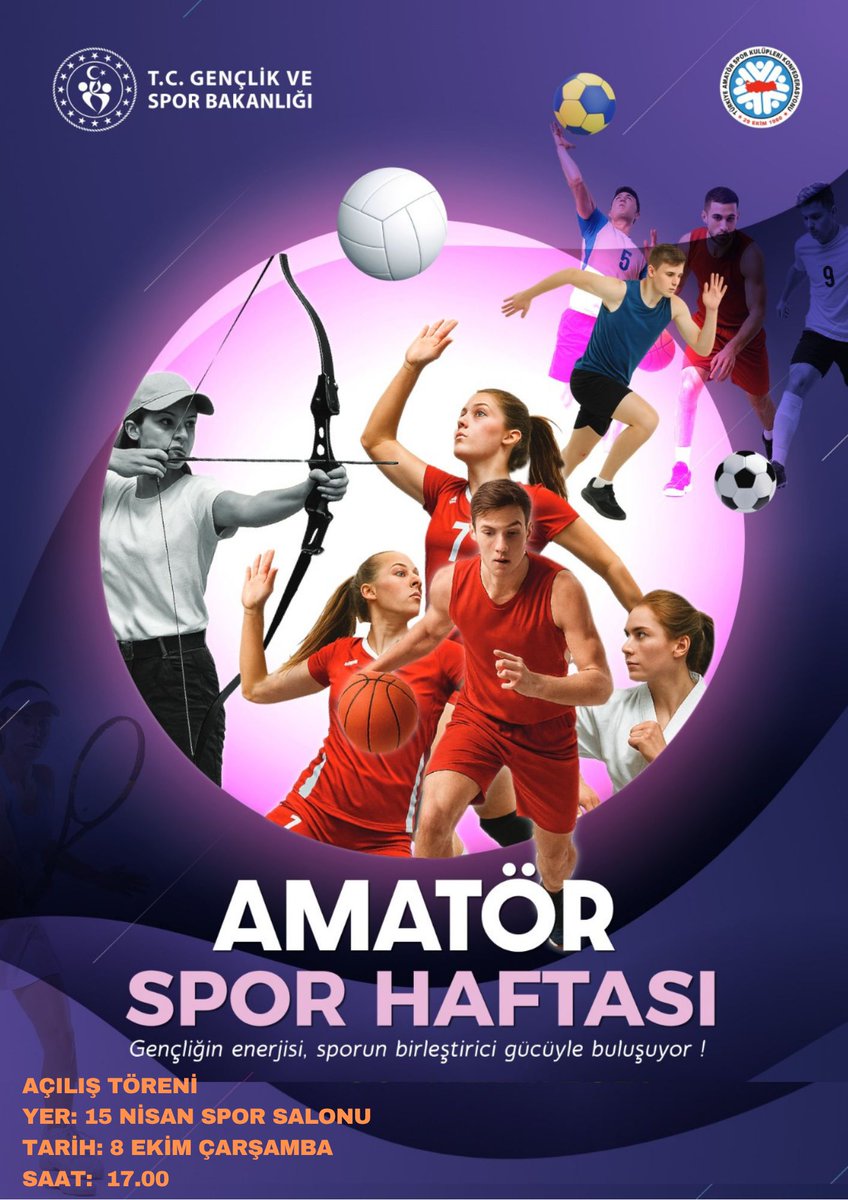 ''Gençliğin enerjisi, sporun birleştirici gücüyle buluşuyor!''

📢06-11 Ekim 2025 tarihleri arasında kutlayacağımız Amatör Spor Haftası başlıyor. 

Bu kapsamda düzenlenecek olan açılış törenine tüm halkımızı bekliyoruz!

📆08 Ekim 2025, Çarşamba 
⏰17:00
📍15 Nisan Spor Salonu