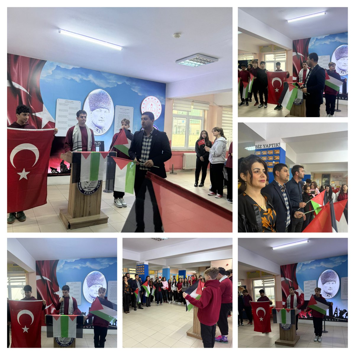 corlumsal's tweet photo. Okulumuzda Filistin Farkındalık Etkinliği düzenlendi.İsrail zulmü lanetlenirken, insan onurunun, demokratik değerlerin vazgeçilemez olduğu,zulüm ve katliamın biran önce durdurulması gerektiği dile getirildi,Filistin'e destek çağrısı yapıldı. @tcmeb @tekirdagmem @CorluMem @hete61 https://t.co/0dgiFiMIUq