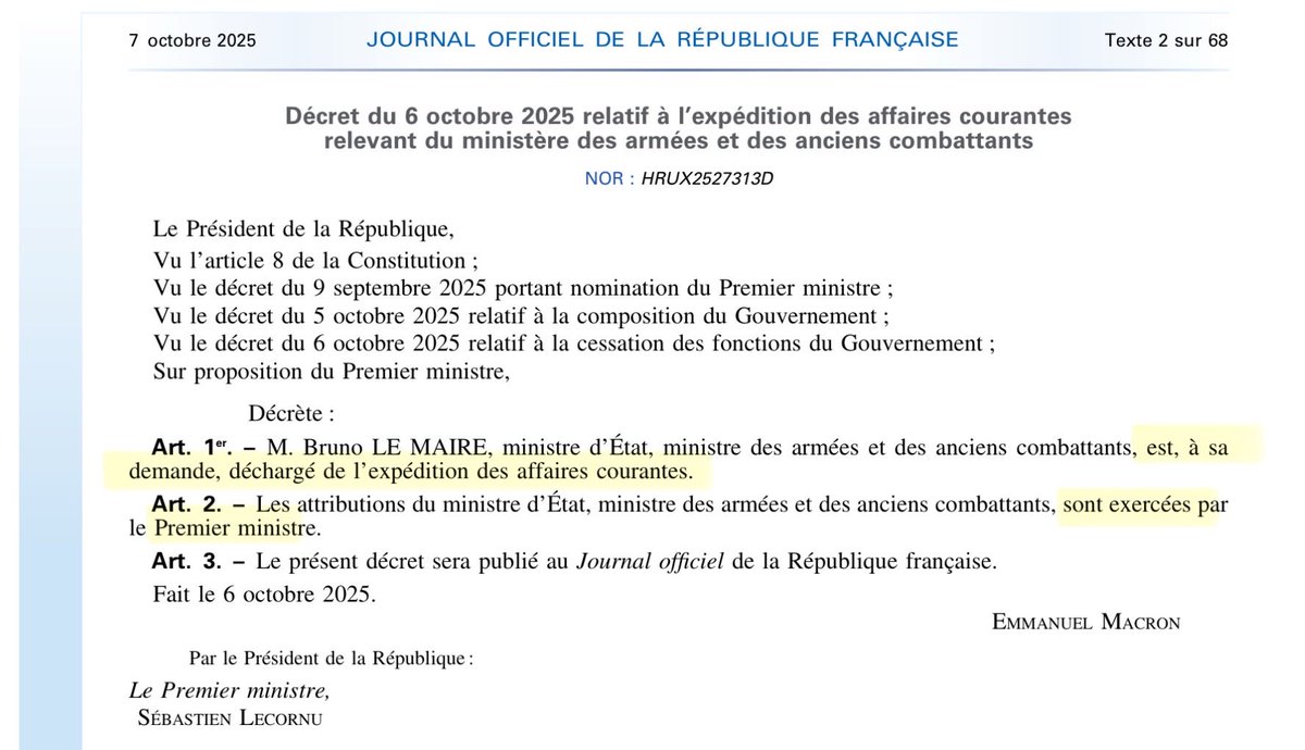 Objet juridique non-identifié : Un ministre démissionnaire (<a href="/BrunoLeMaire/">Bruno Le Maire</a>) « est à sa demande, déchargé de l'expédition des affaires courantes ».

Tout simplement car un ministre ne peut pas juridiquement démissionner lorsqu’il est déjà… ministre démissionnaire 🙃

Ubu règne.