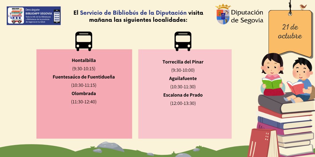 DipuSG's tweet photo. BIBLIOBÚS 📚

📣 Los bibliobuses de la Diputación de Segovia se ponen en marcha una nueva semana

📍 La ruta es: https://t.co/2KDj3RJRJI