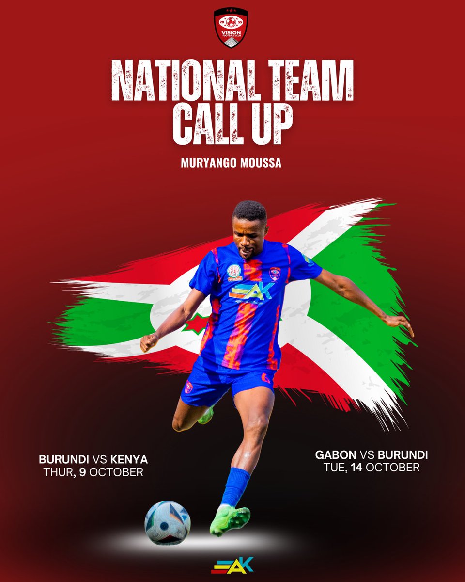 Vision__FC's tweet photo. Our very own centre back Muryango Moussa has been called up to join the national team 🇧🇮 ahead of their next two matches.
Congratulations and all the best to you ! Go represent with pride we’re all behind you, Moussa! 👏
#NationalDuty #VisionFC #DrivenByVision https://t.co/JPcC9vzYbj