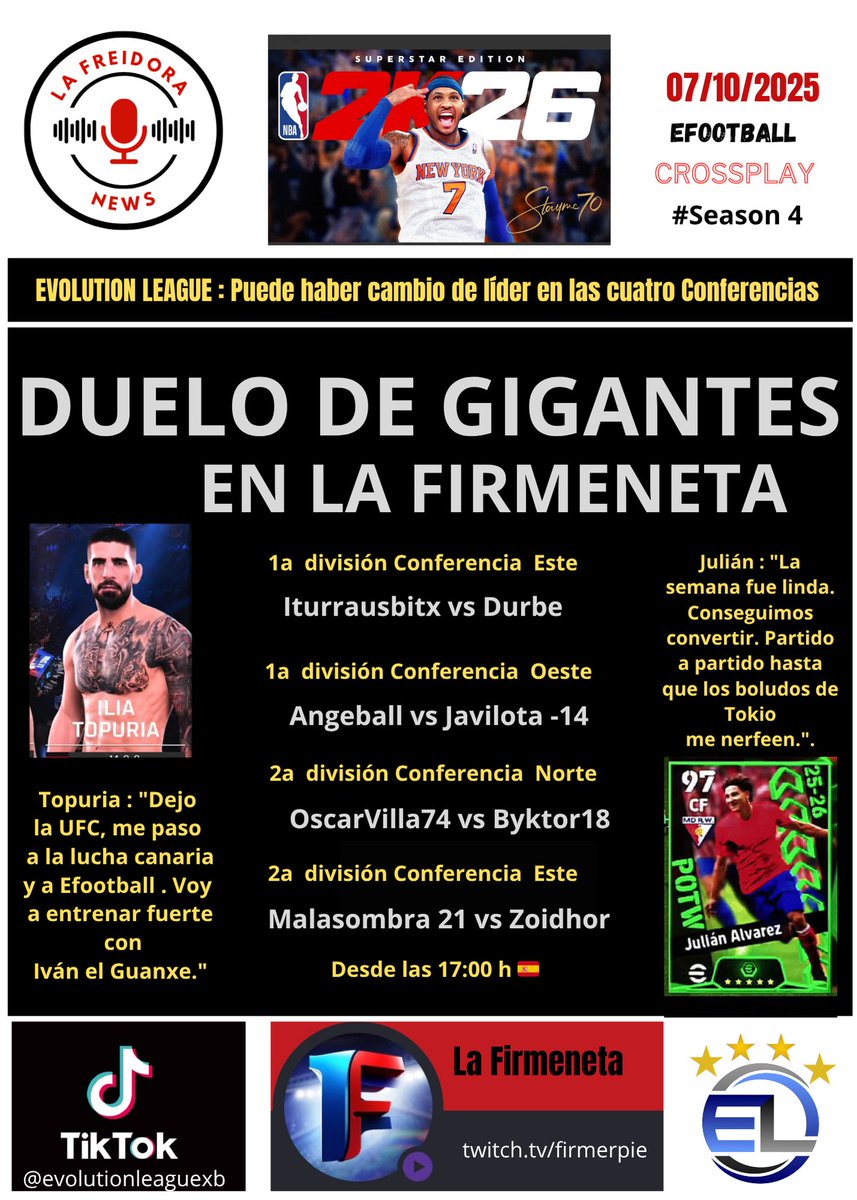 Jornada ideal para ver los partidos de varios debutantes en la Evolution League #eFootball2026 , esta tarde en la Firmeneta con <a href="/FIRMERPIE/">FIRMERPIE</a> en la narración y Abel en los comentarios 
<a href="/Ander8Iturraspe/">Ander Iturraspe</a> <a href="/durbe88/">Toni</a> <a href="/VictorAbog18/">Victor Orellana ⚖️</a> <a href="/Malasombra21/">Malasombra</a> <a href="/Kendosaur/">Kenny</a> <a href="/lobatoabel/">Abel Lobato Ramos</a> <a href="/Javilota14/">Javilota</a>